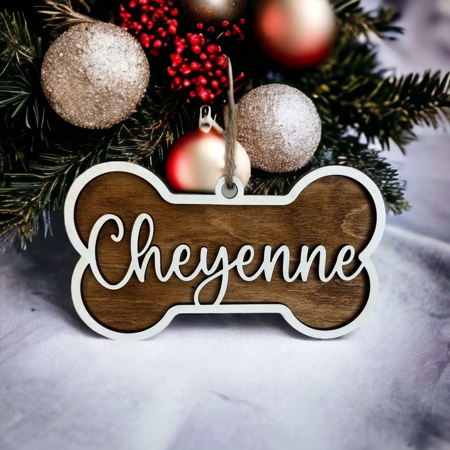 Custom Dog Bone Ornament, Dog Name ornament, Personalized gift, Christmas Ornament, Dog mom gift, Laser Cut, Wood, Handmade