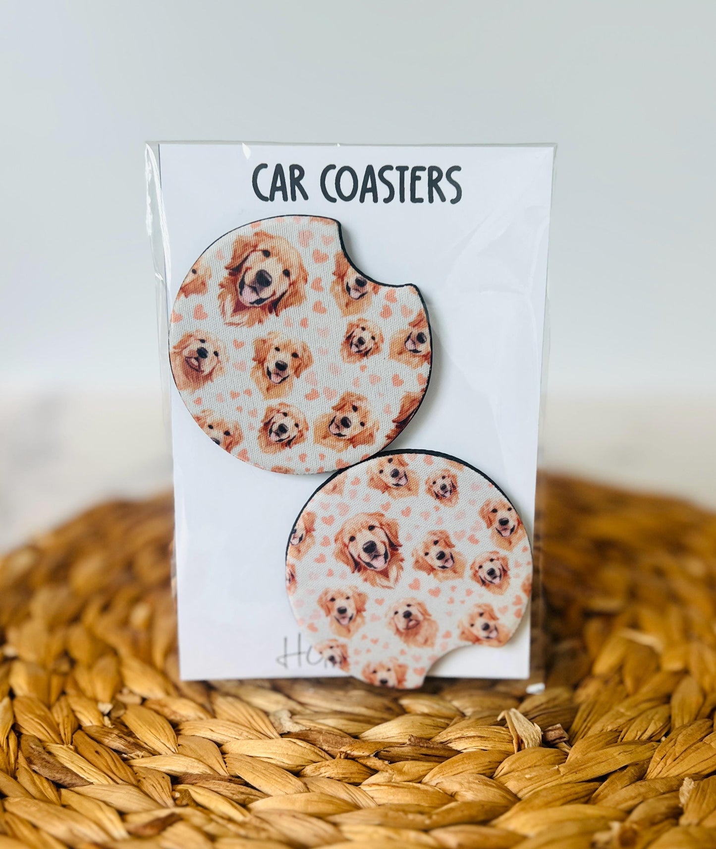 Golden Retriever Car Coaster Set, Dog Lover Gift, Car Accessories, Cup Holder