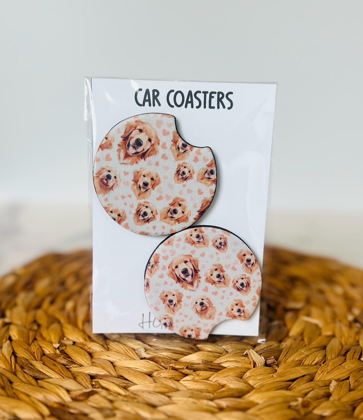 Golden Retriever Car Coaster Set, Dog Lover Gift, Car Accessories, Cup Holder