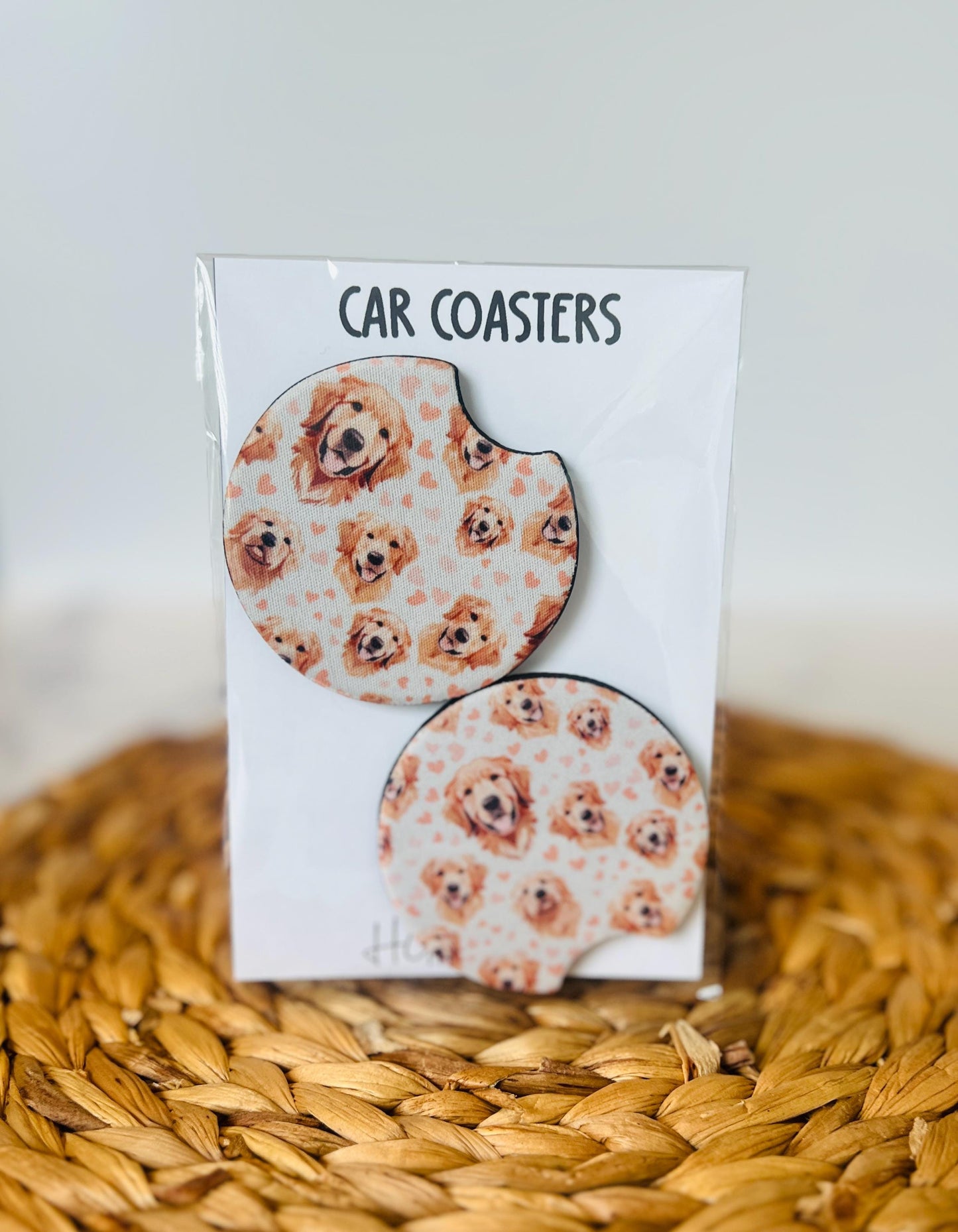 Golden Retriever Car Coaster Set, Dog Lover Gift, Car Accessories, Cup Holder