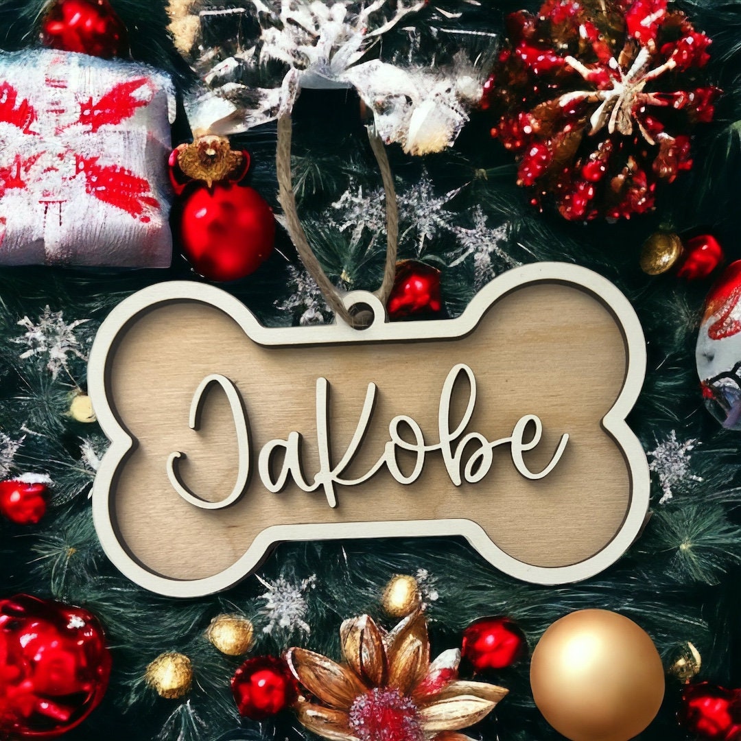 Custom Dog Bone Ornament, Dog Name ornament, Personalized gift, Christmas Ornament, Dog mom gift, Laser Cut, Wood, Handmade