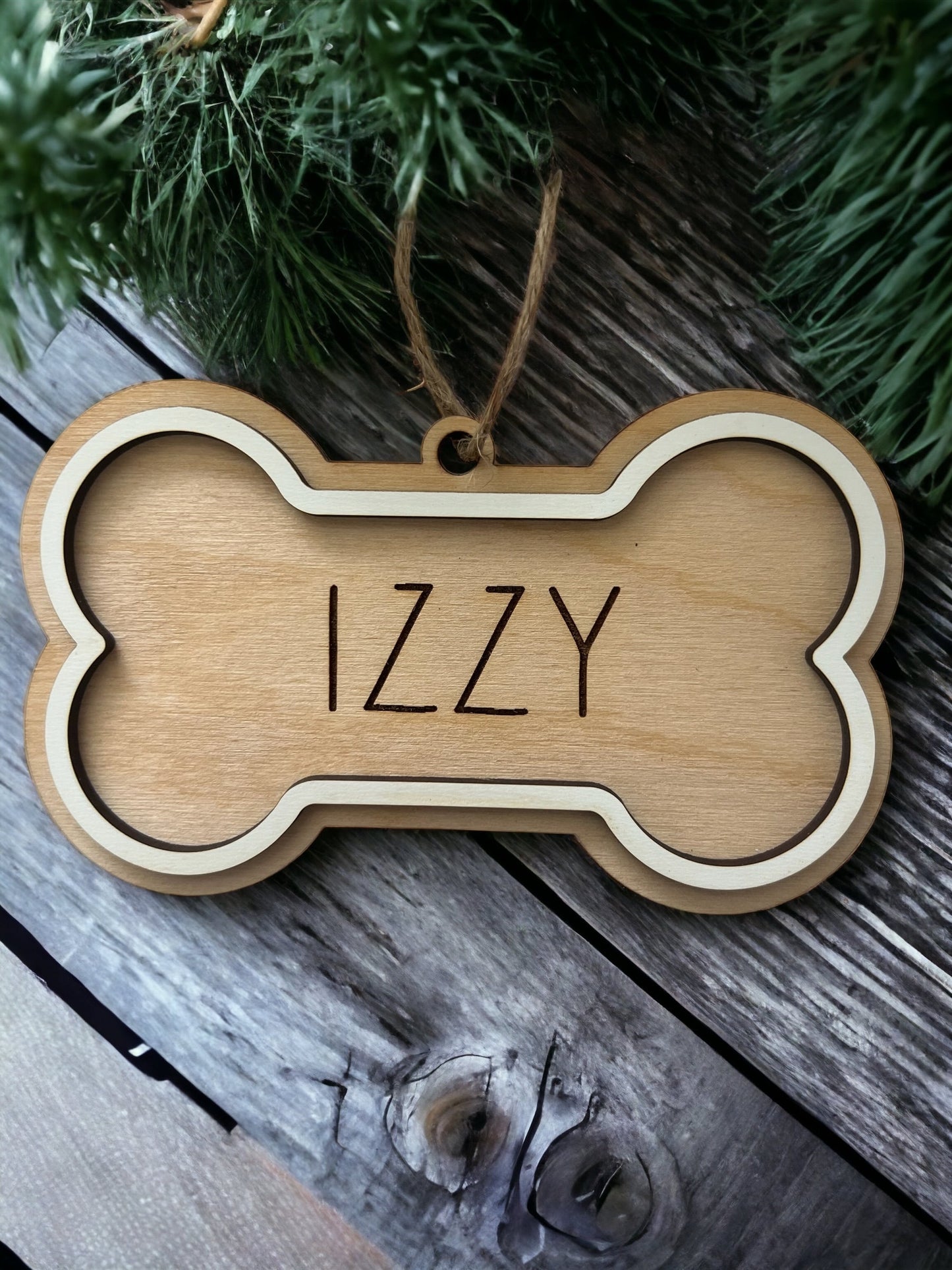 Custom Dog Bone Ornament, Dog Name ornament, Personalized gift, Christmas Ornament, Dog mom gift, Laser Cut, Wood, Handmade
