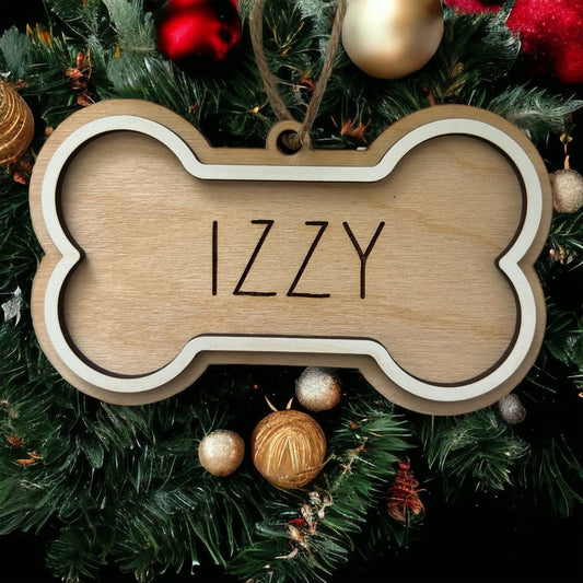 Custom Dog Bone Ornament, Dog Name ornament, Personalized gift, Christmas Ornament, Dog mom gift, Laser Cut, Wood, Handmade