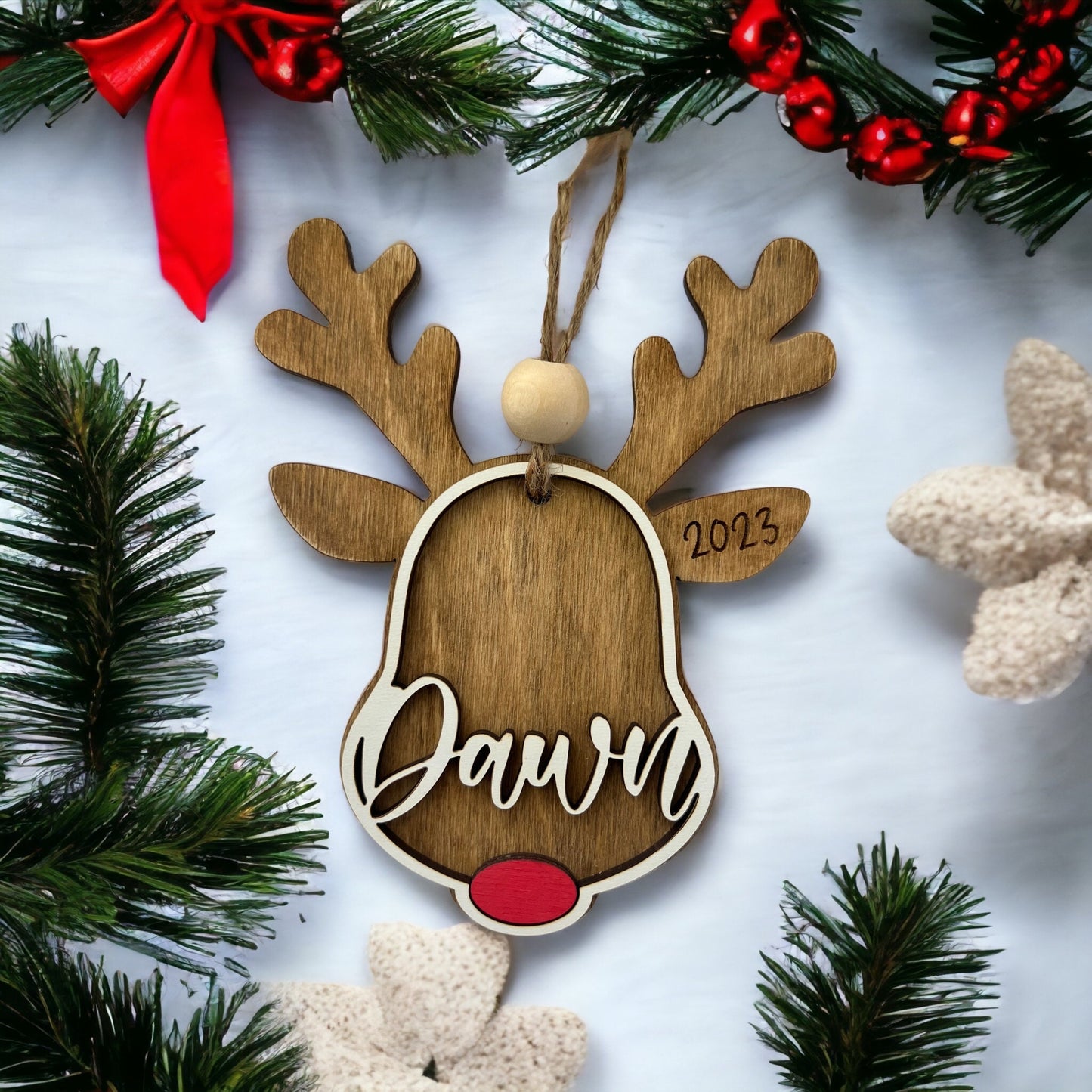 Custom Reindeer Ornament, Personalized Rudolph stocking tag, kids ornament, 3D gift tag, farmhouse Christmas