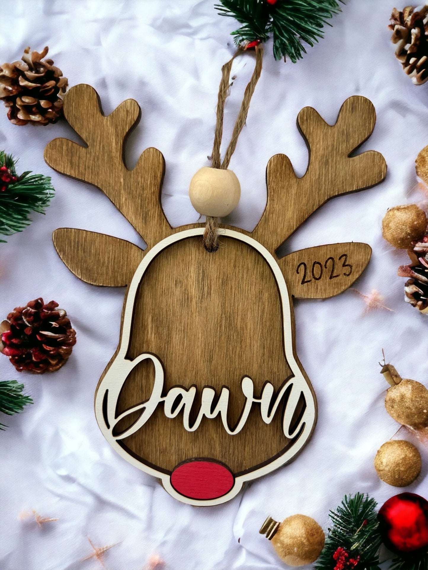 Custom Reindeer Ornament, Personalized Rudolph stocking tag, kids ornament, 3D gift tag, farmhouse Christmas