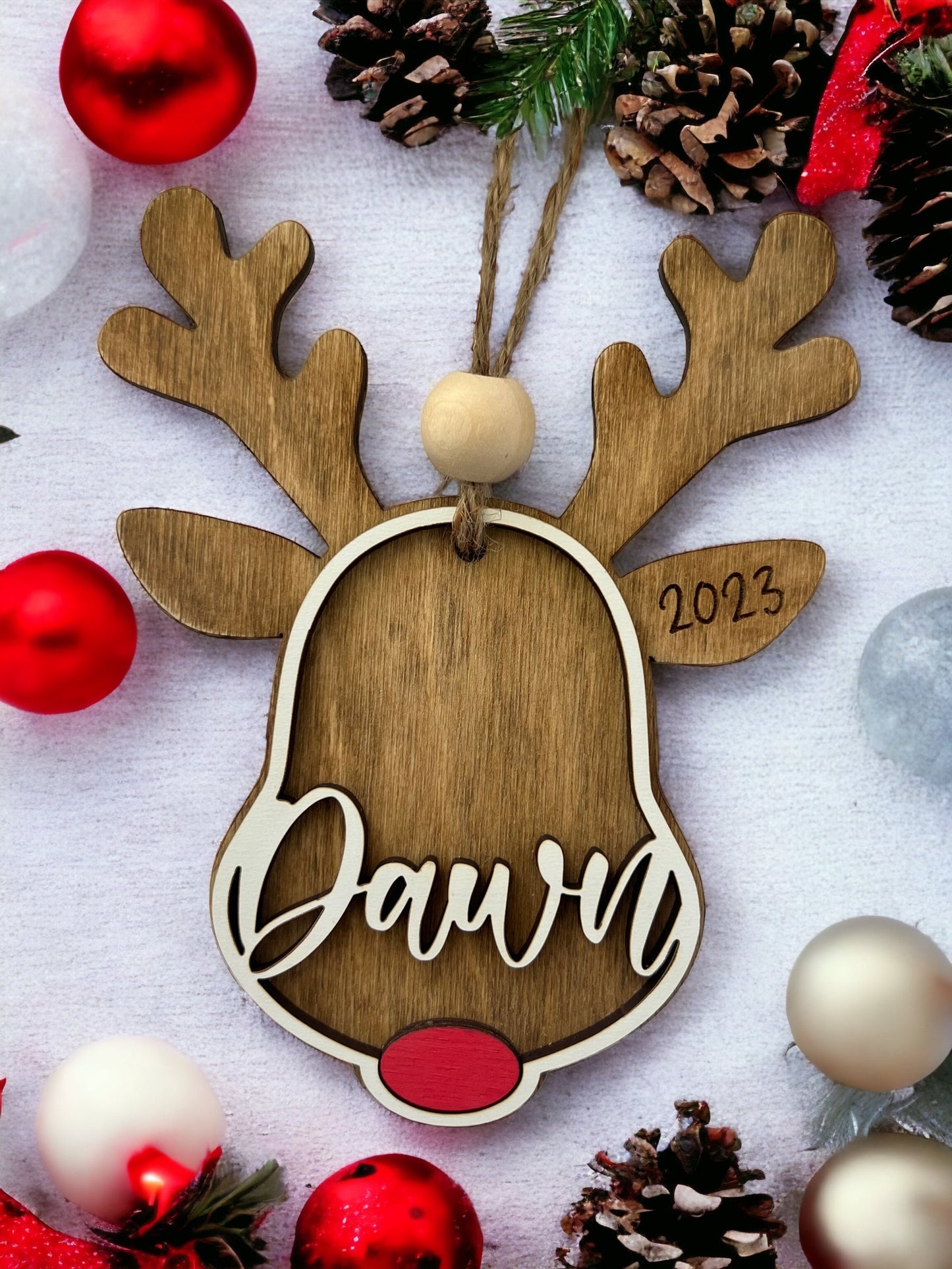 Custom Reindeer Ornament, Personalized Rudolph stocking tag, kids ornament, 3D gift tag, farmhouse Christmas