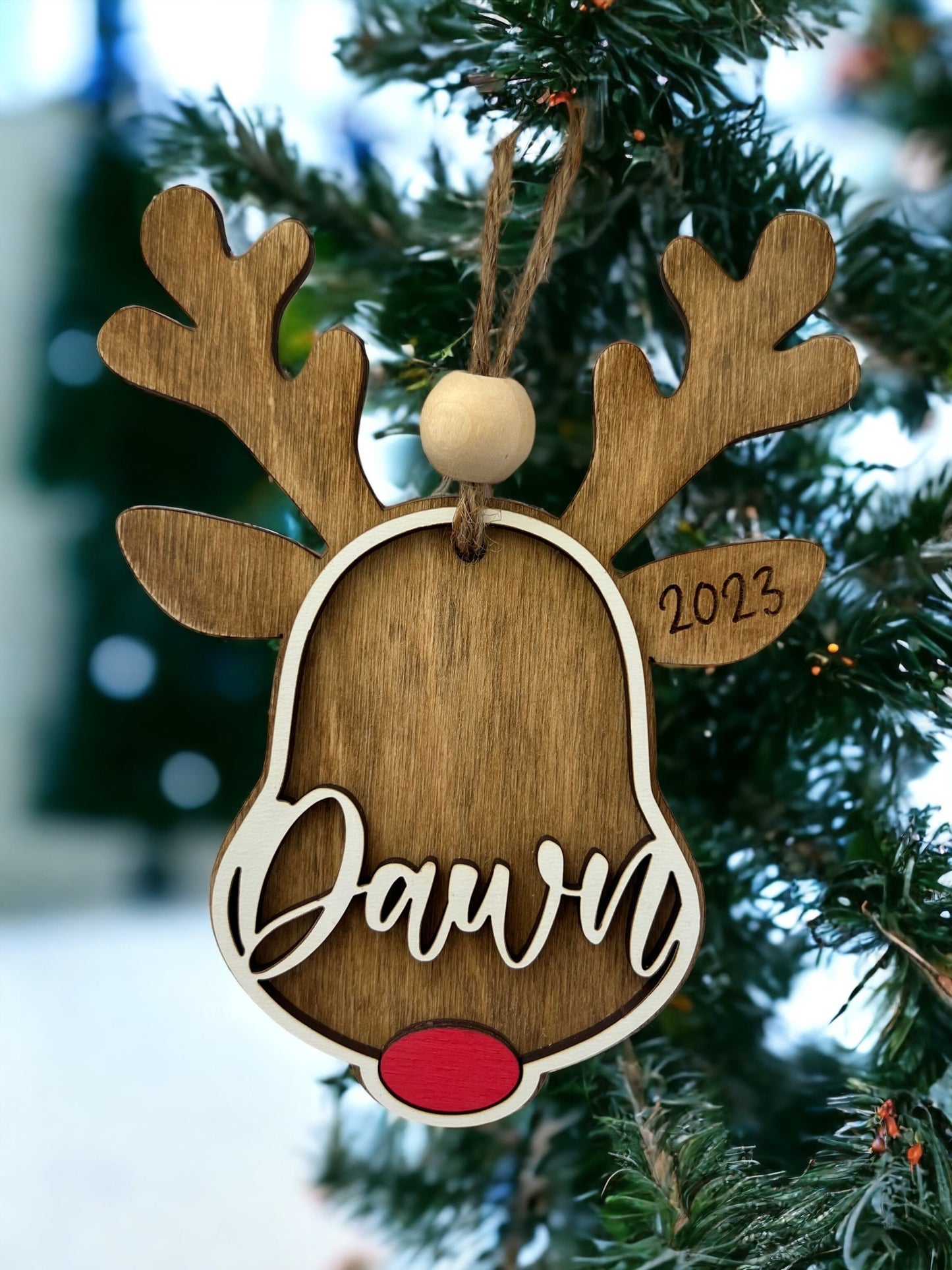 Custom Reindeer Ornament, Personalized Rudolph stocking tag, kids ornament, 3D gift tag, farmhouse Christmas