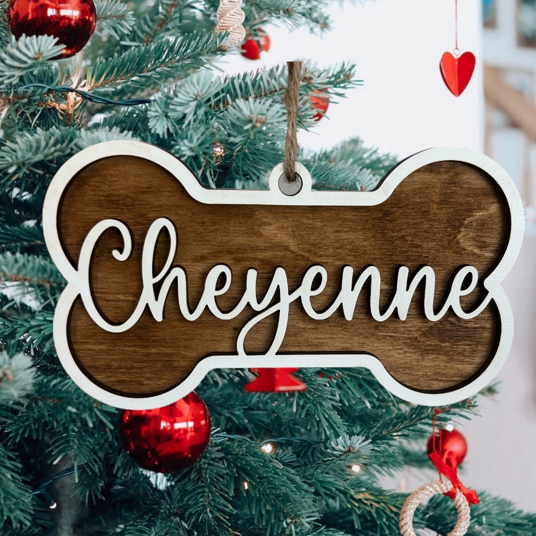 Custom Dog Bone Ornament, Dog Name ornament, Personalized gift, Christmas Ornament, Dog mom gift, Laser Cut, Wood, Handmade