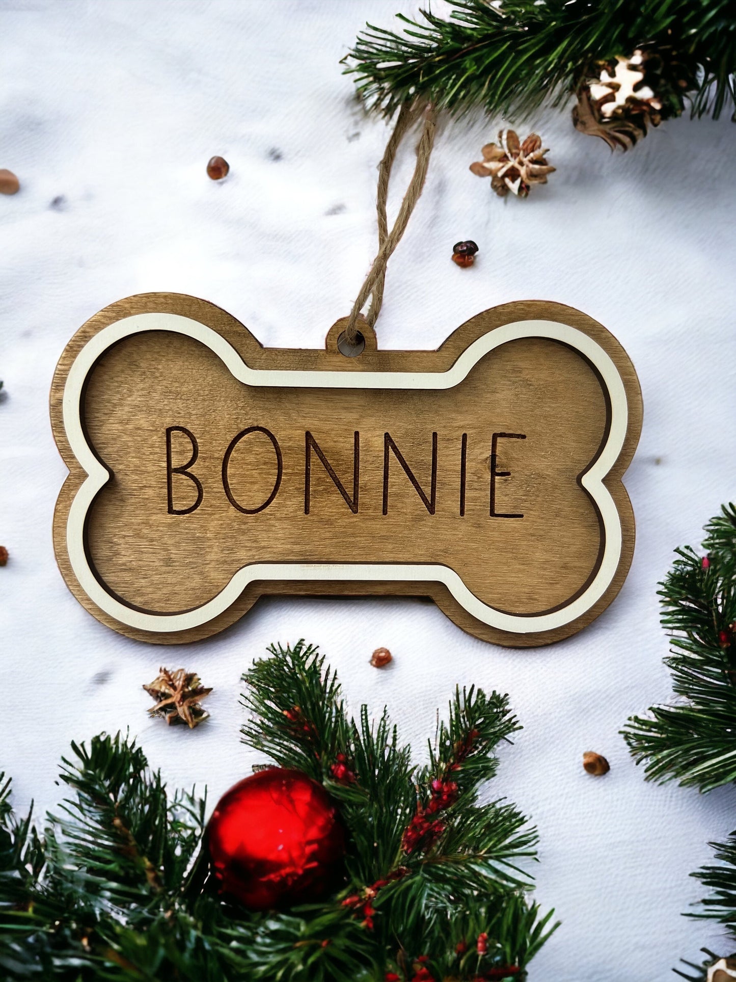 Custom Dog Bone Ornament, Dog Name ornament, Personalized gift, Christmas Ornament, Dog mom gift, Laser Cut, Wood, Handmade