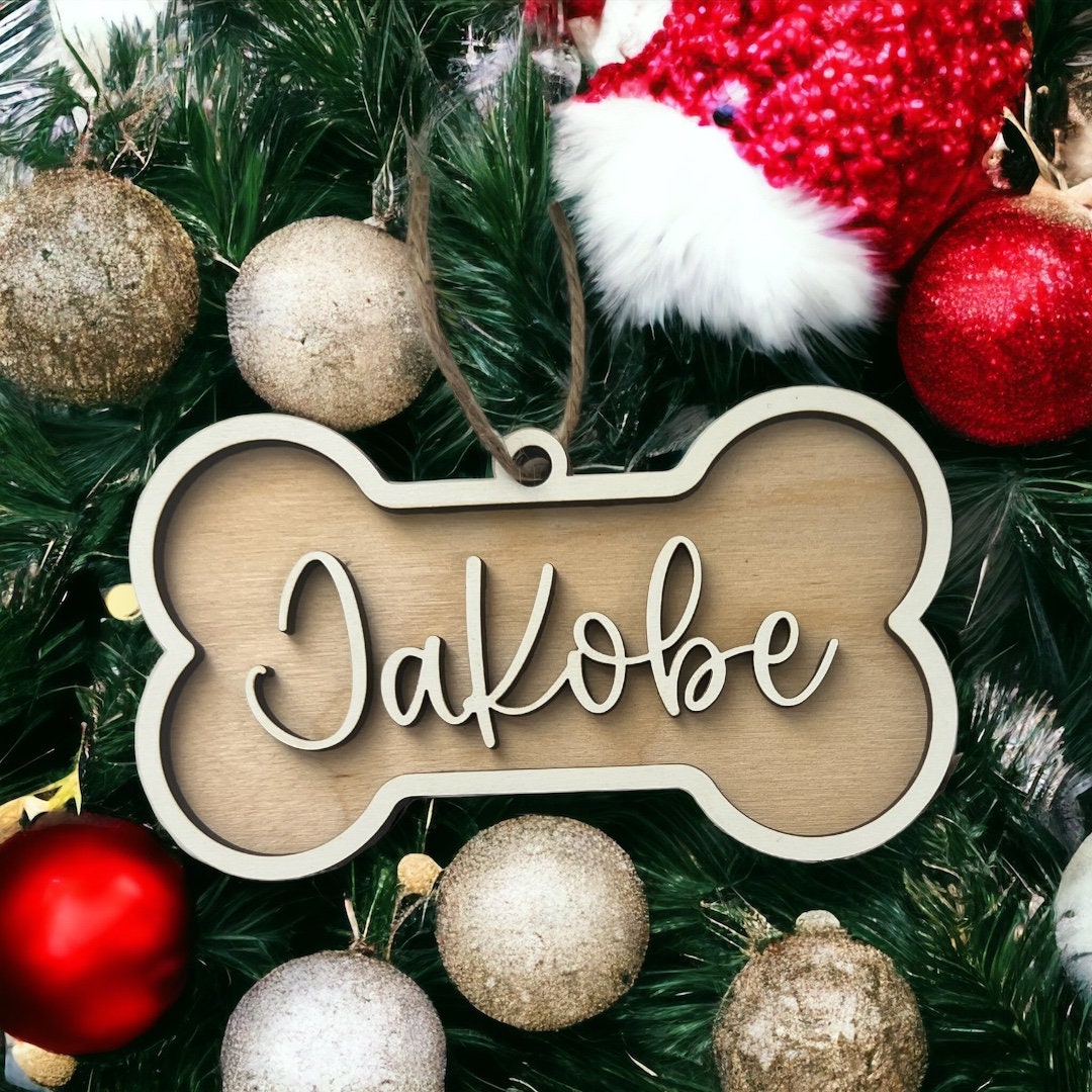 Custom Dog Bone Ornament, Dog Name ornament, Personalized gift, Christmas Ornament, Dog mom gift, Laser Cut, Wood, Handmade