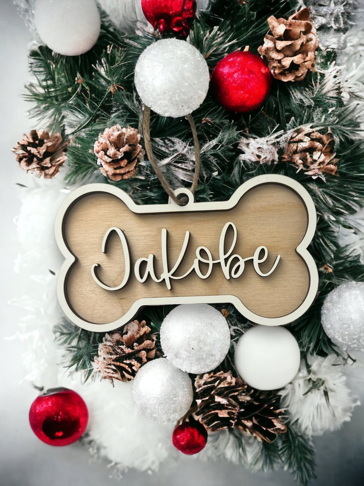Custom Dog Bone Ornament, Dog Name ornament, Personalized gift, Christmas Ornament, Dog mom gift, Laser Cut, Wood, Handmade