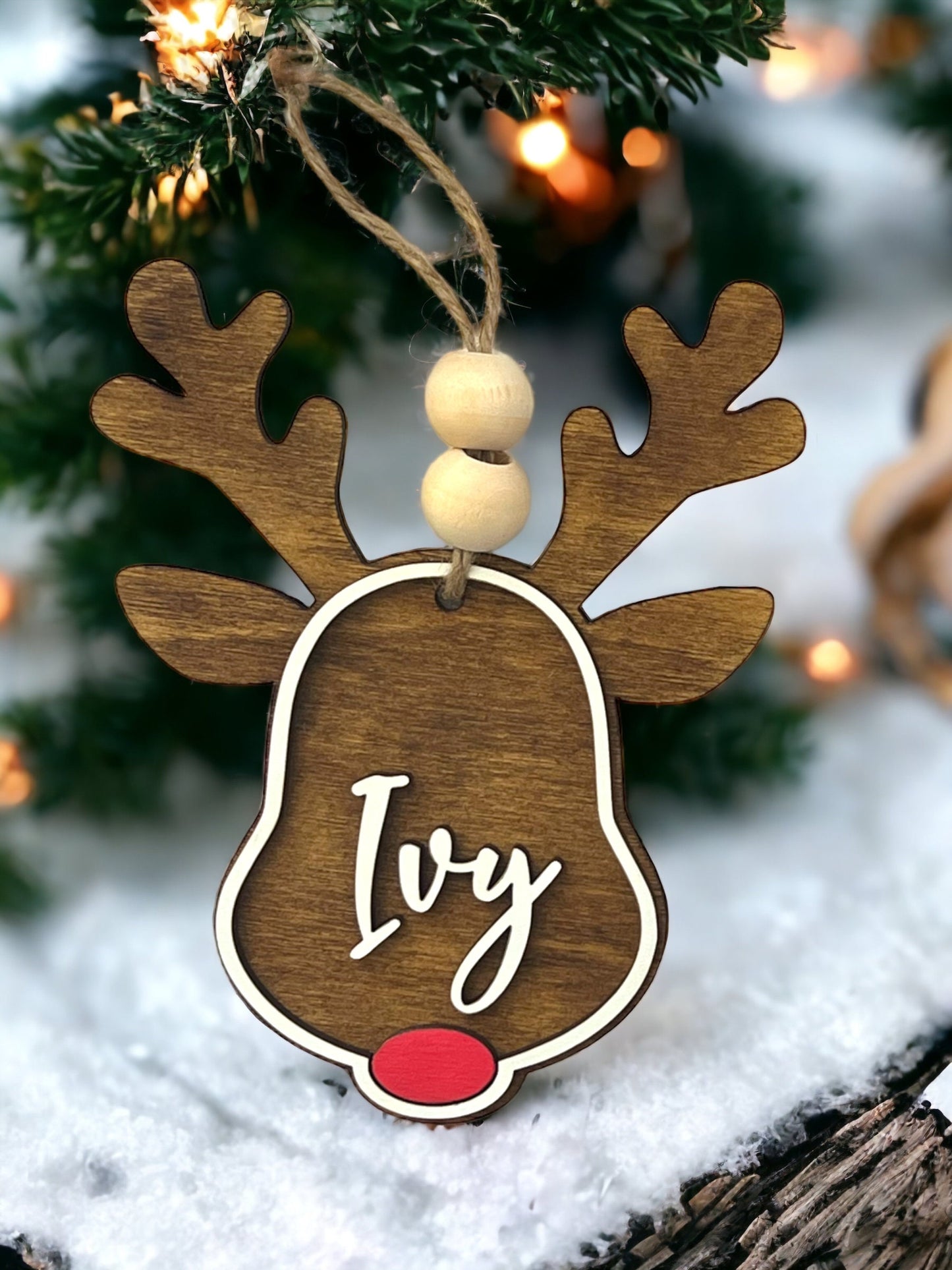 Custom Reindeer Ornament, Personalized Rudolph stocking tag, kids ornament, 3D gift tag, farmhouse Christmas