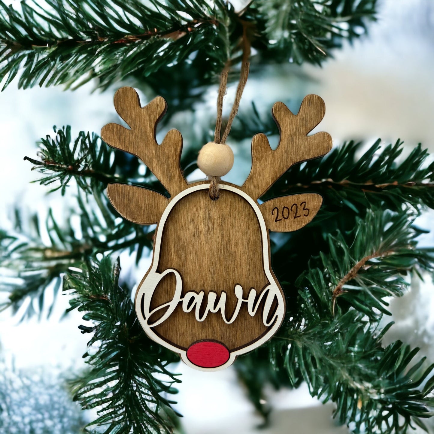Custom Reindeer Ornament, Personalized Rudolph stocking tag, kids ornament, 3D gift tag, farmhouse Christmas