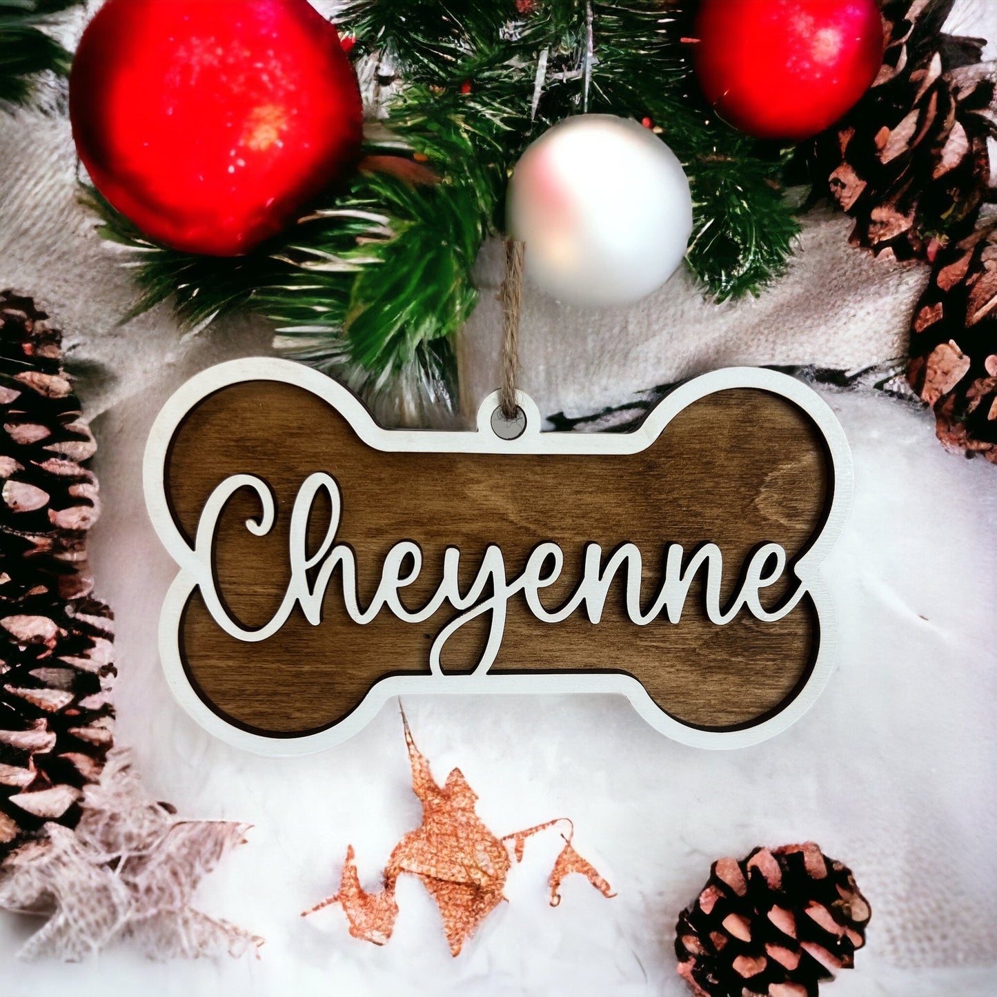 Custom Dog Bone Ornament, Dog Name ornament, Personalized gift, Christmas Ornament, Dog mom gift, Laser Cut, Wood, Handmade