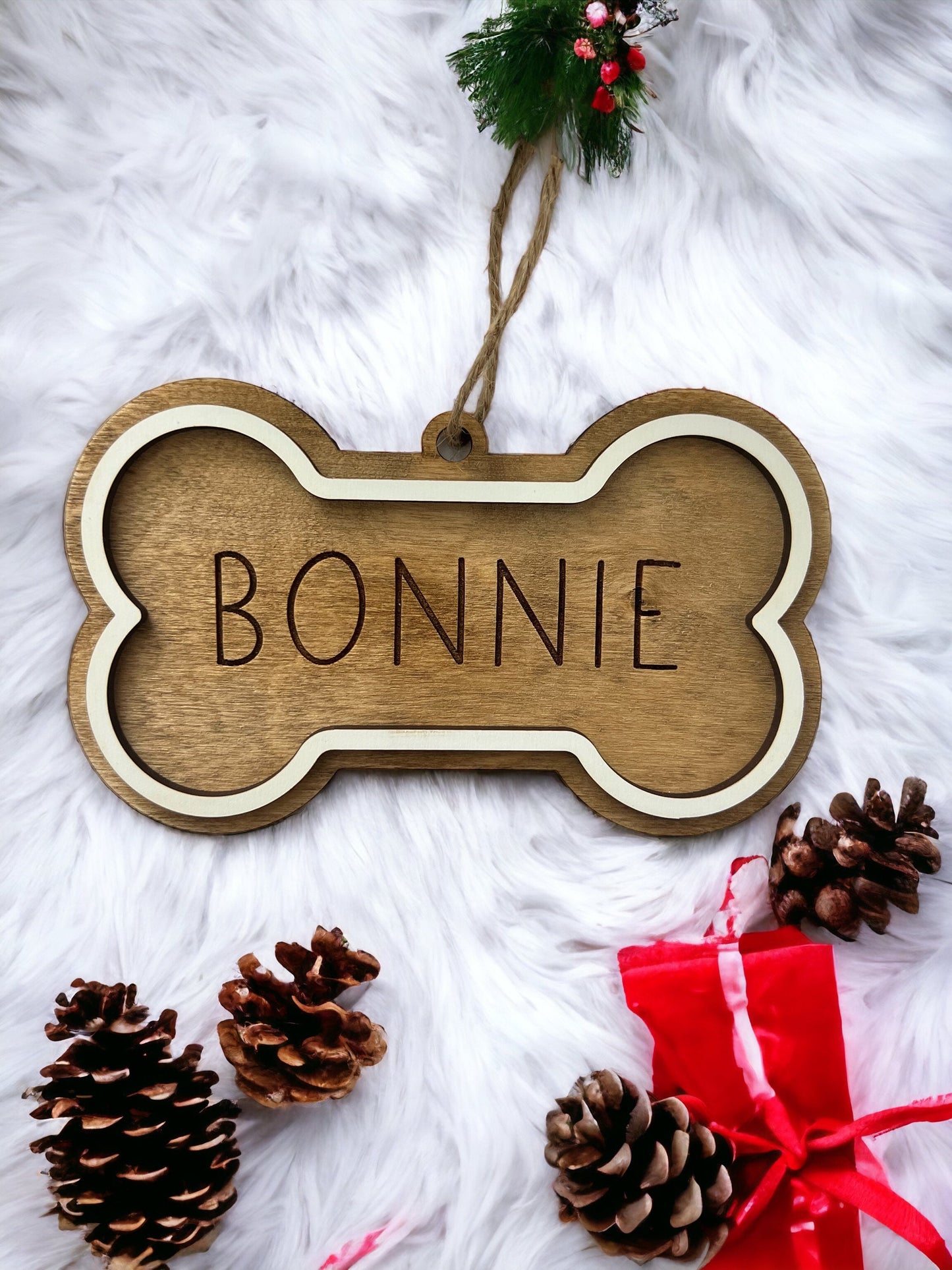 Custom Dog Bone Ornament, Dog Name ornament, Personalized gift, Christmas Ornament, Dog mom gift, Laser Cut, Wood, Handmade