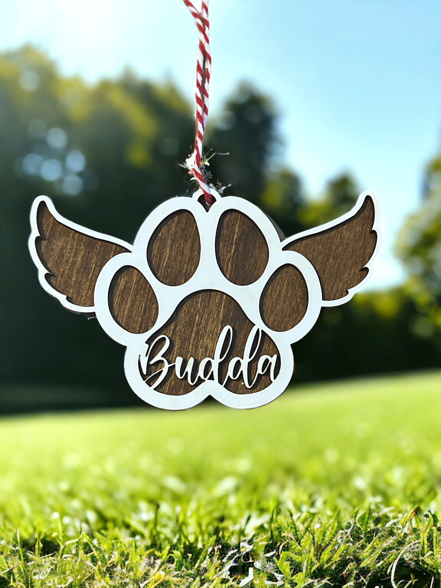 Custom Pet Memorial Ornament, Paw Print Christmas, Dog Angel Wings, Personalized, Sympathy, In Loving Memory