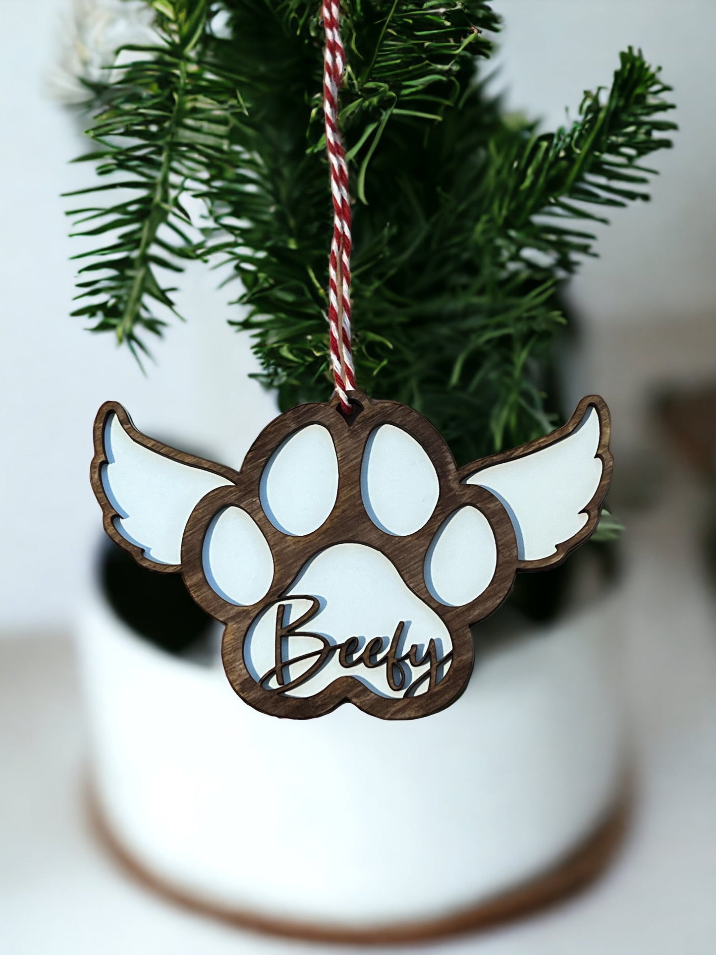Custom Pet Memorial Ornament, Paw Print Christmas, Dog Angel Wings, Personalized, Sympathy, In Loving Memory