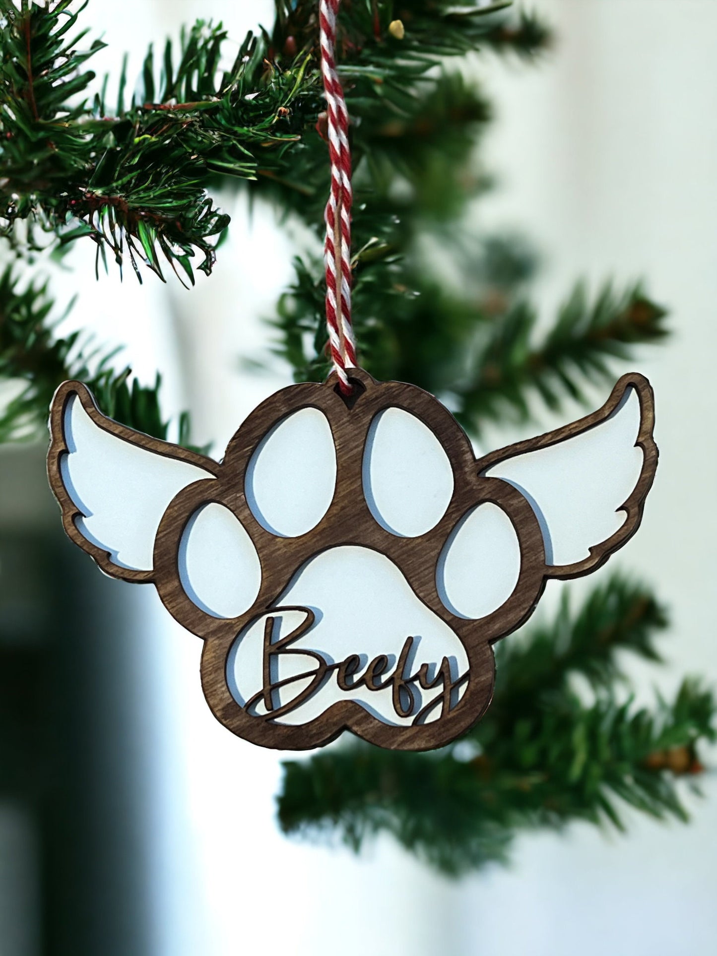 Custom Pet Memorial Ornament, Paw Print Christmas, Dog Angel Wings, Personalized, Sympathy, In Loving Memory