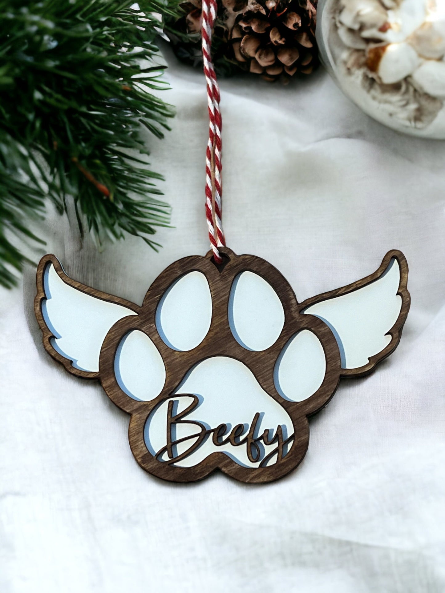Custom Pet Memorial Ornament, Paw Print Christmas, Dog Angel Wings, Personalized, Sympathy, In Loving Memory