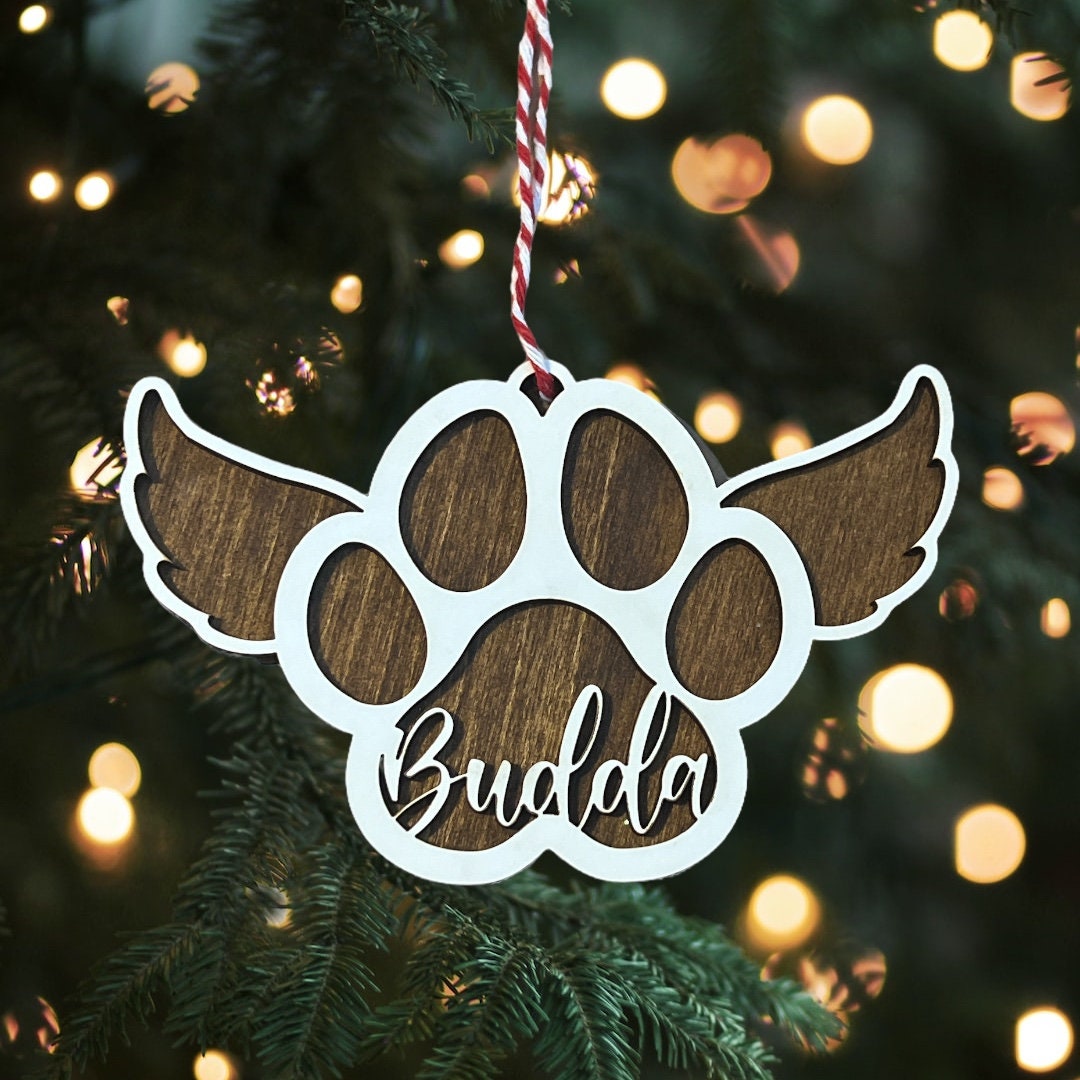 Custom Pet Memorial Ornament, Paw Print Christmas, Dog Angel Wings, Personalized, Sympathy, In Loving Memory