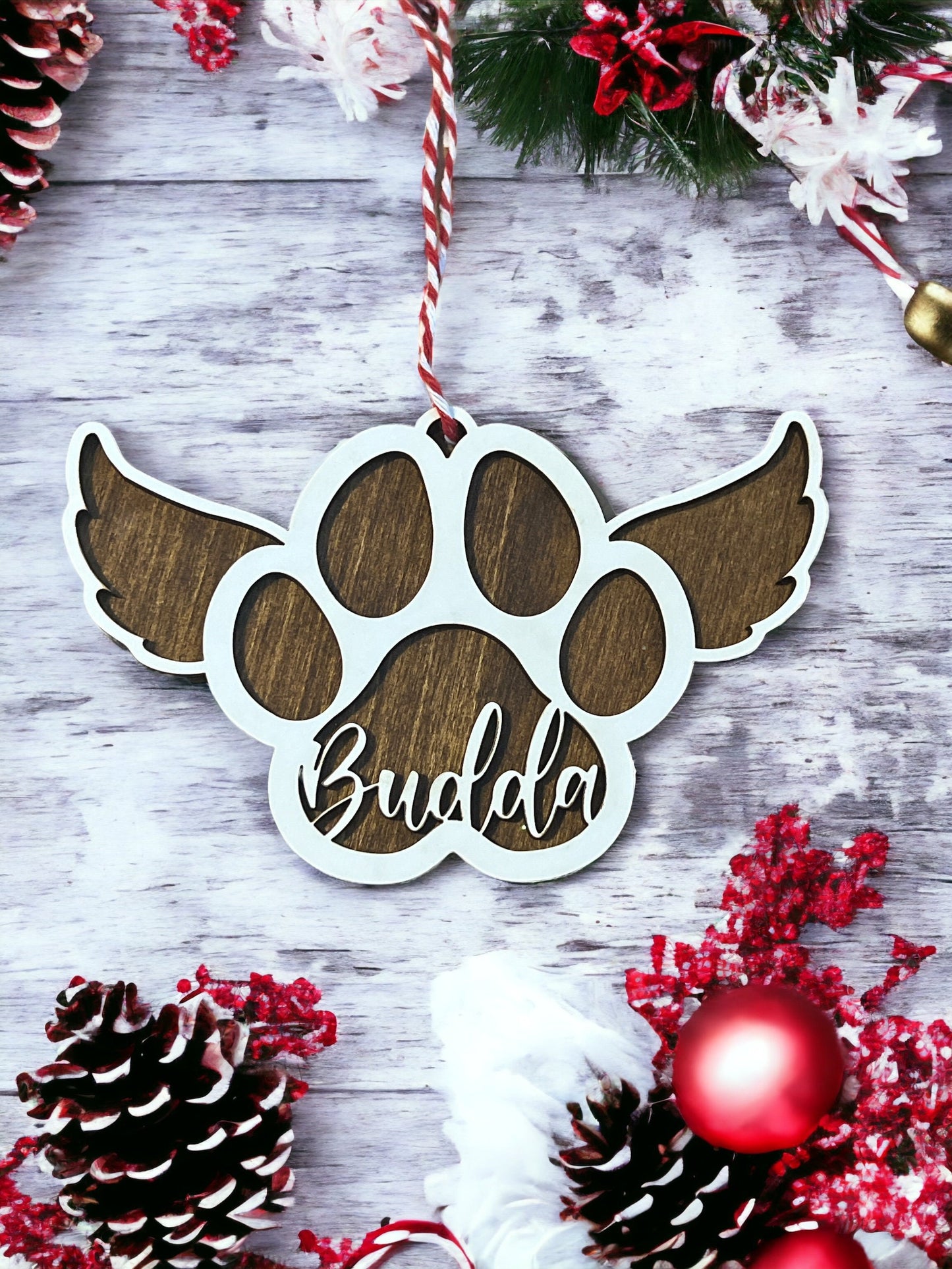Custom Pet Memorial Ornament, Paw Print Christmas, Dog Angel Wings, Personalized, Sympathy, In Loving Memory
