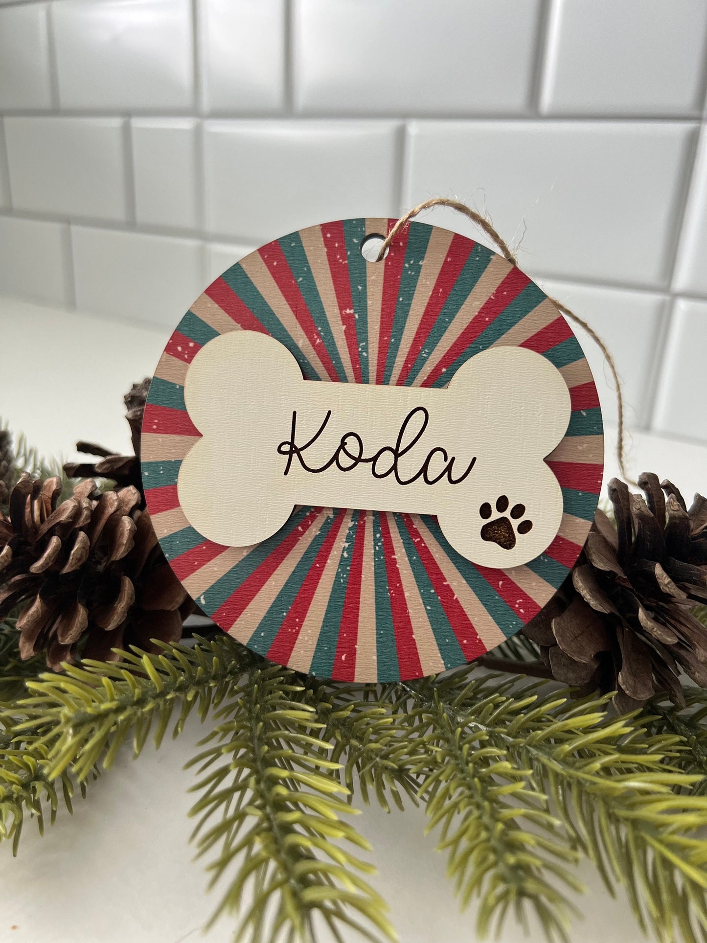 Personalized Dog Name Ornament, Custom Dog lover gift, Dog Bone, Your Dogs Name, Dog Christmas ornament, Retro