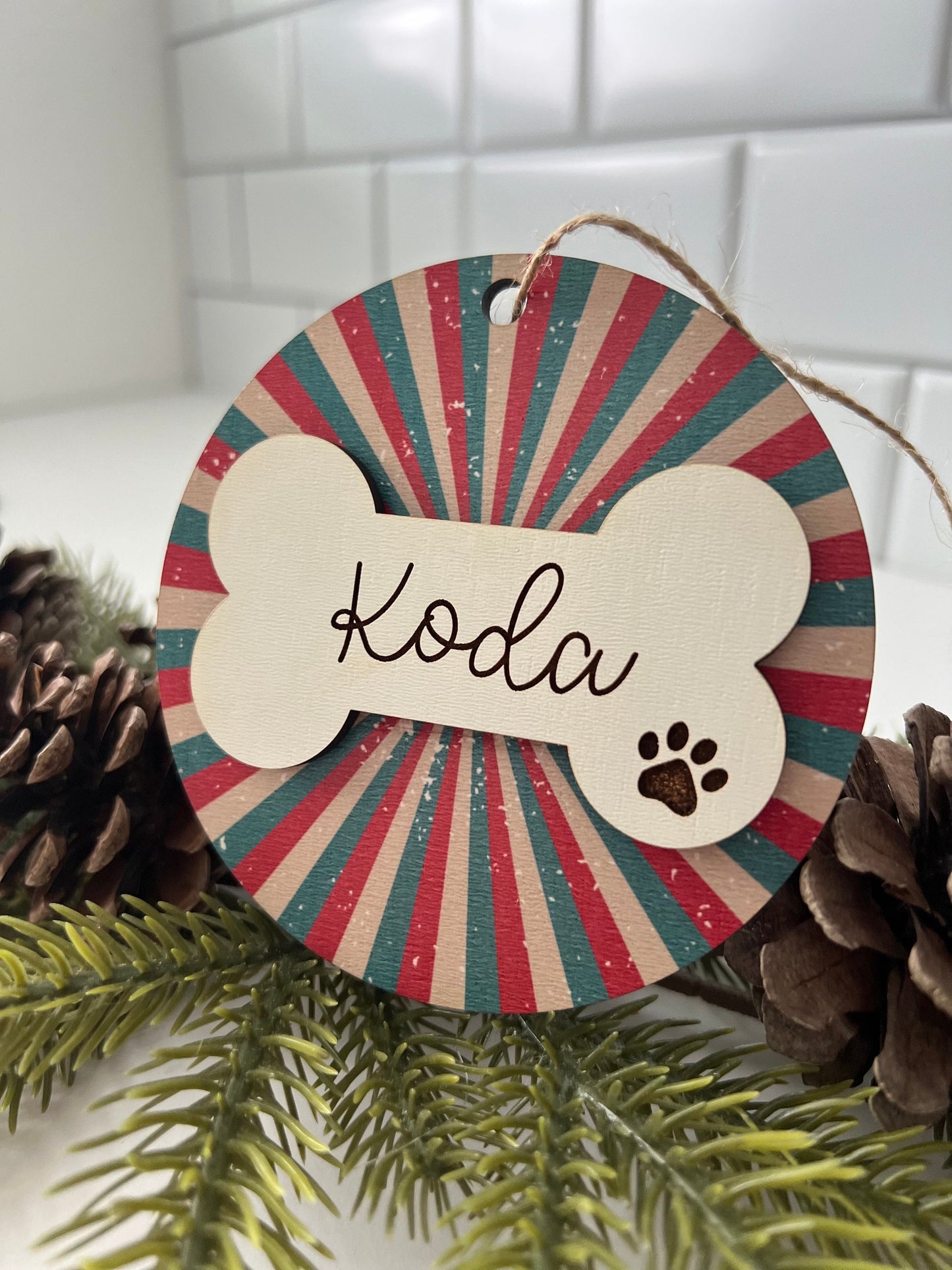 Personalized Dog Name Ornament, Custom Dog lover gift, Dog Bone, Your Dogs Name, Dog Christmas ornament, Retro