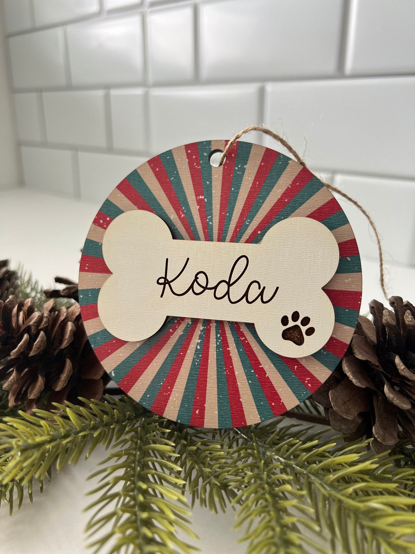 Personalized Dog Name Ornament, Custom Dog lover gift, Dog Bone, Your Dogs Name, Dog Christmas ornament, Retro