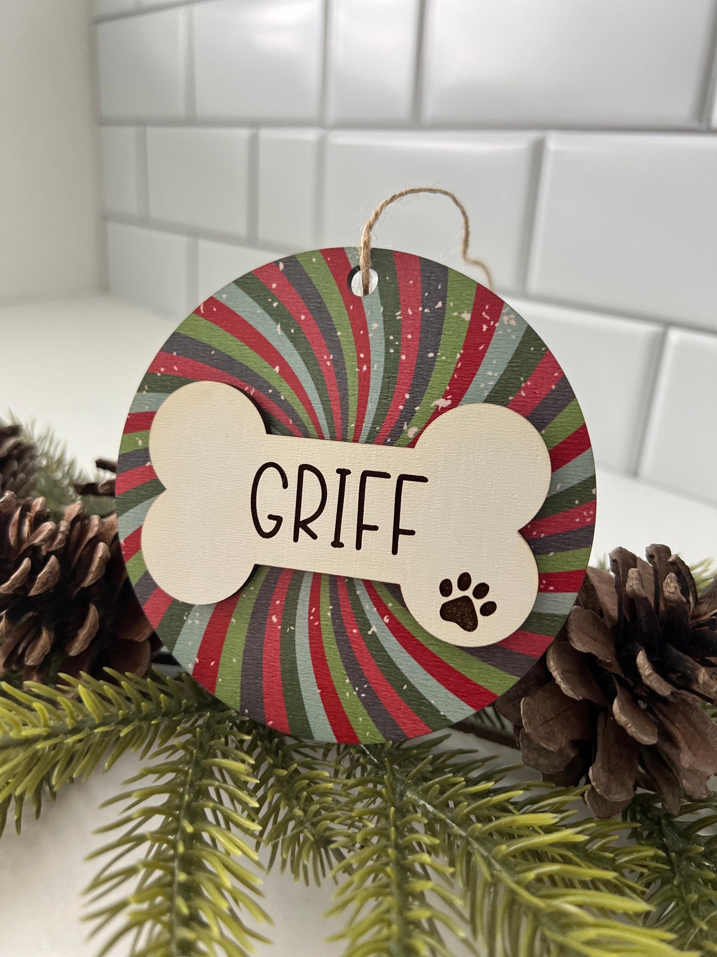 Personalized Dog Name Ornament, Custom Dog lover gift, Dog Bone, Your Dogs Name, Dog Christmas ornament, Retro