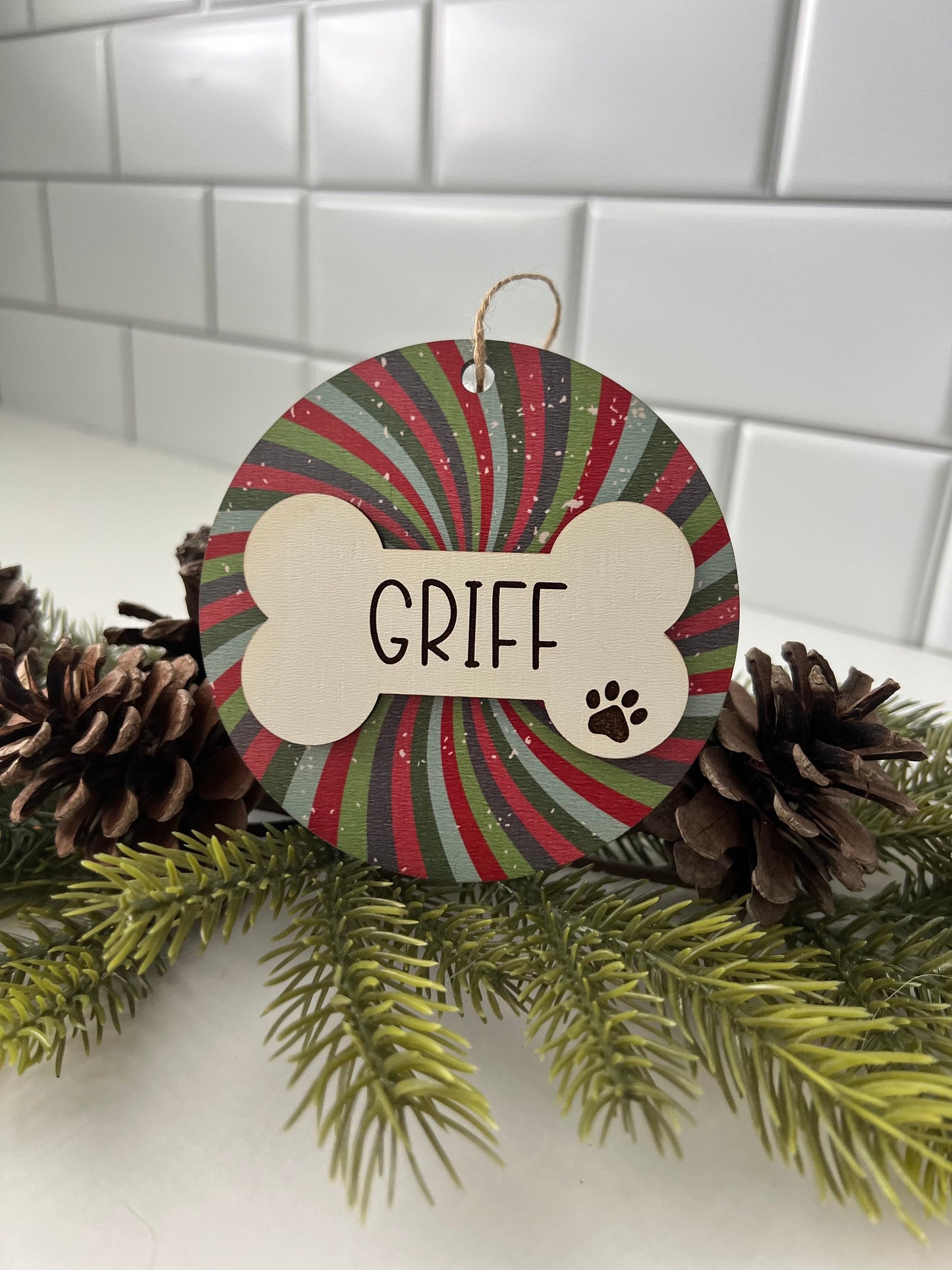 Personalized Dog Name Ornament, Custom Dog lover gift, Dog Bone, Your Dogs Name, Dog Christmas ornament, Retro