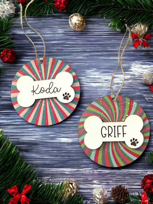 Personalized Dog Name Ornament, Custom Dog lover gift, Dog Bone, Your Dogs Name, Dog Christmas ornament, Retro