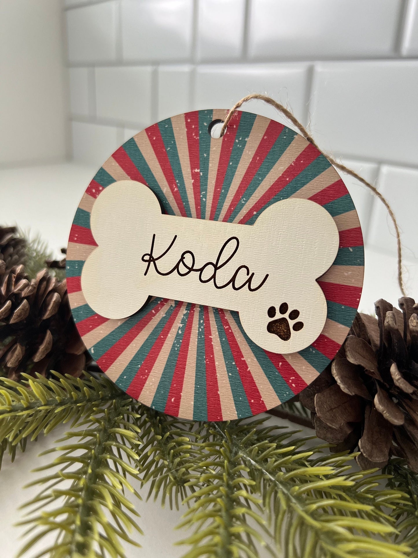 Personalized Dog Name Ornament, Custom Dog lover gift, Dog Bone, Your Dogs Name, Dog Christmas ornament, Retro