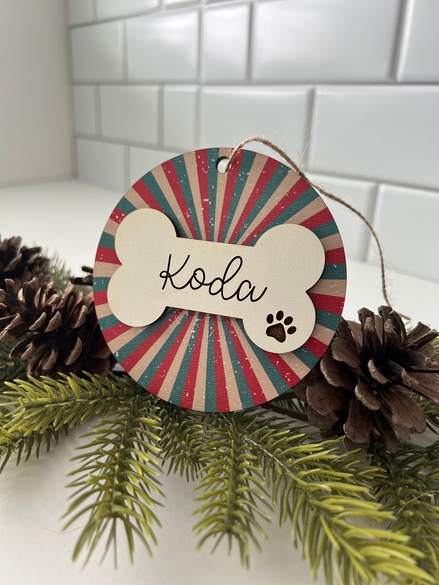 Personalized Dog Name Ornament, Custom Dog lover gift, Dog Bone, Your Dogs Name, Dog Christmas ornament, Retro