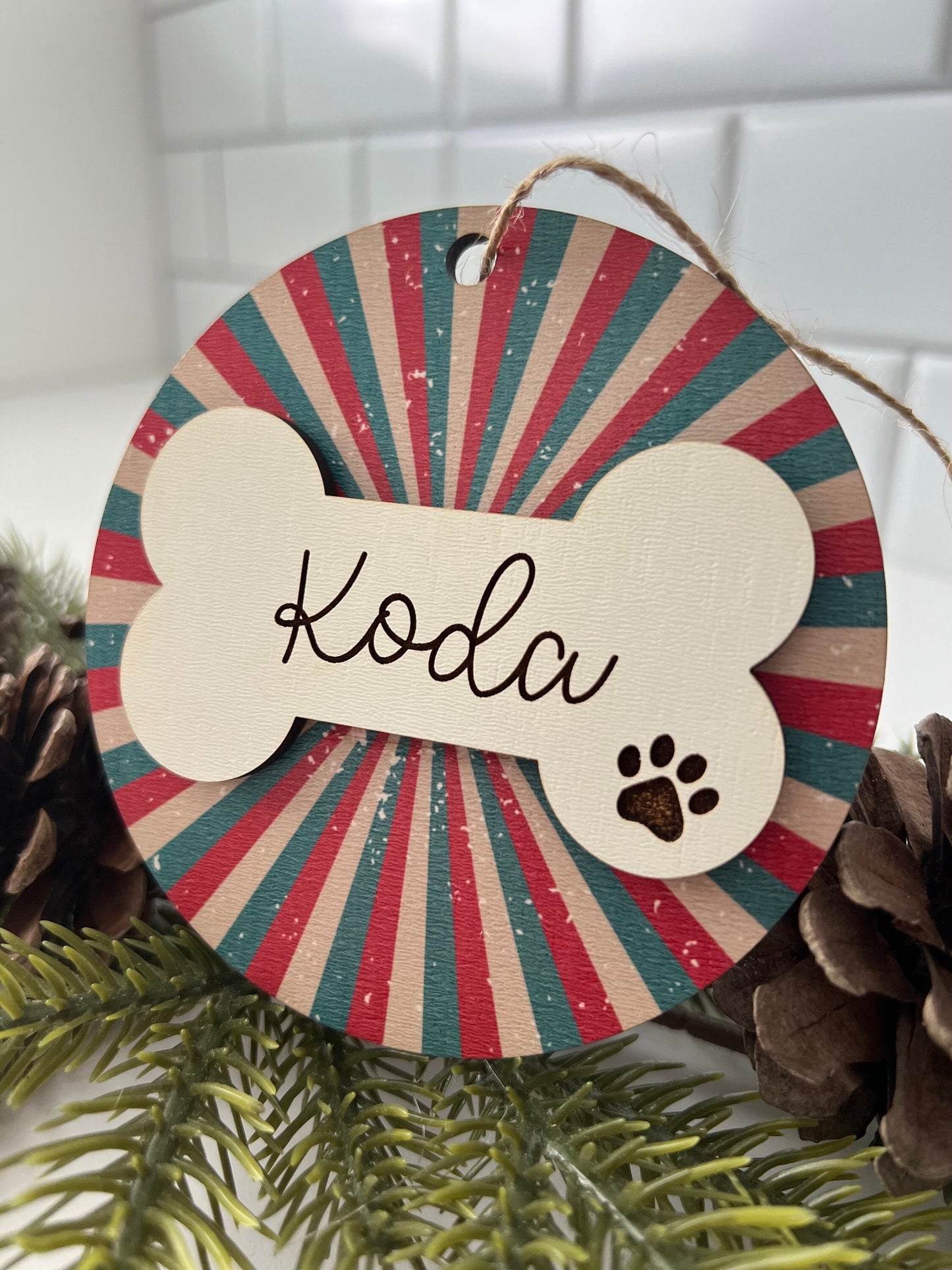 Personalized Dog Name Ornament, Custom Dog lover gift, Dog Bone, Your Dogs Name, Dog Christmas ornament, Retro