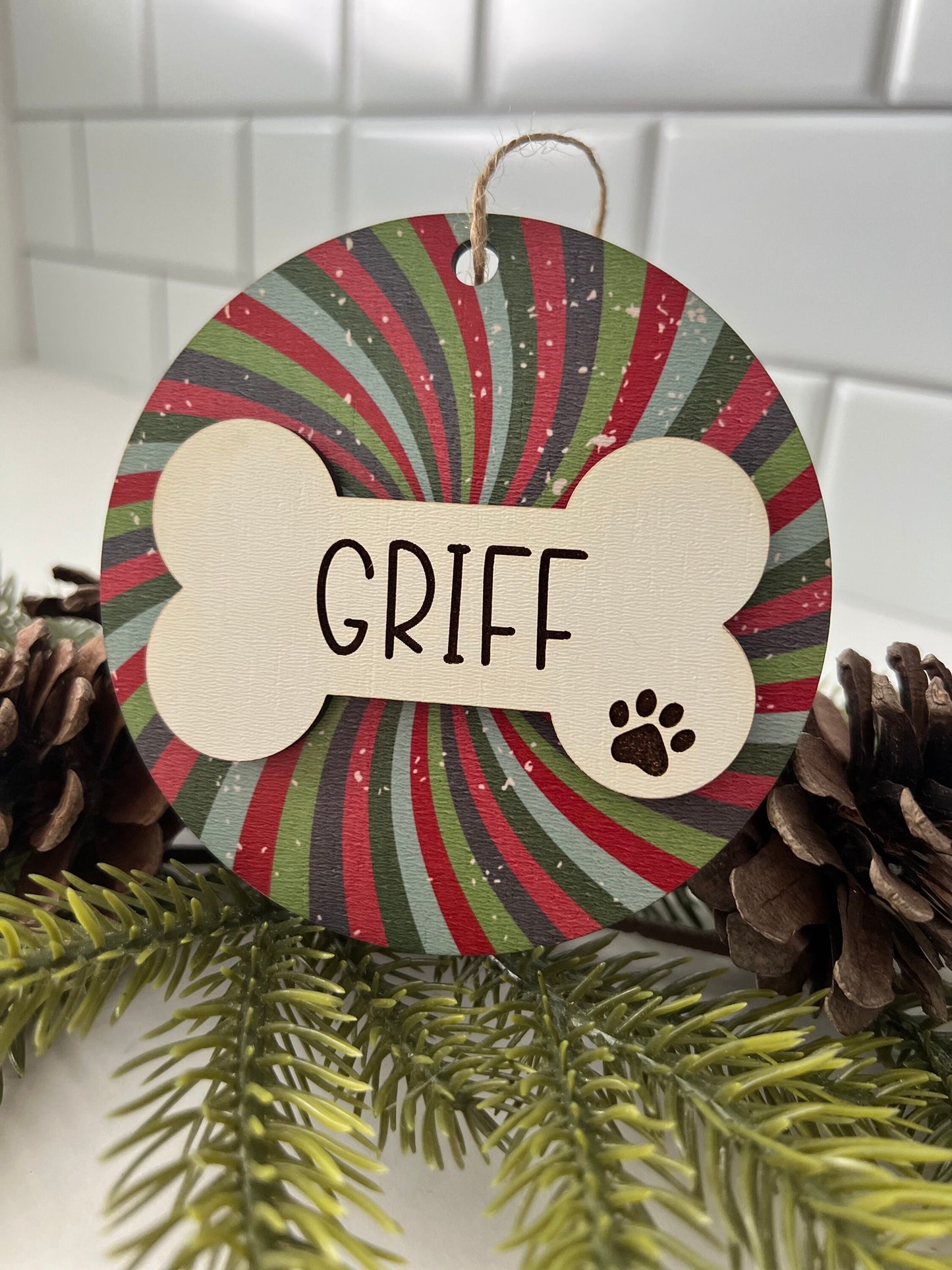 Personalized Dog Name Ornament, Custom Dog lover gift, Dog Bone, Your Dogs Name, Dog Christmas ornament, Retro