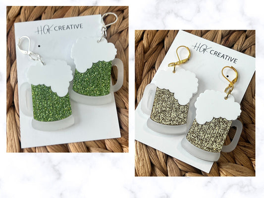 Beer Mug Layered Acrylic Earrings, St Patricks Day, Green Beer, St Patty's Gift, Beer Lover Present, Brewery Enthusiast Gift, Nickel Free