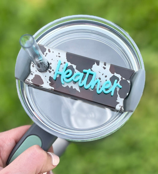 Personalized Cow Print Tumbler Name Topper, Western Custom Plate Tag, Present for Cowgirl, Country Lover, Gift for Her, 20oz 30oz 40oz