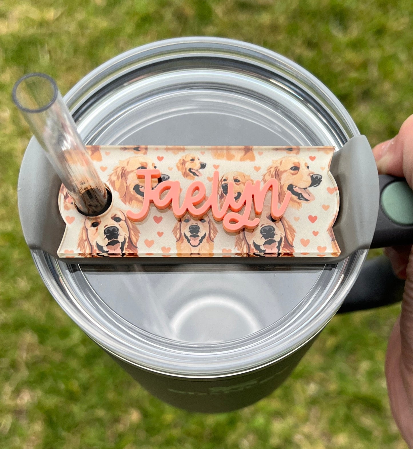 Personalized Golden Retriever Tumbler Name Topper, Custom Plate Tag, Dog Mom Gift, New Puppy Present, 20oz 30oz 40oz, Stanley Lid, Dog Lover