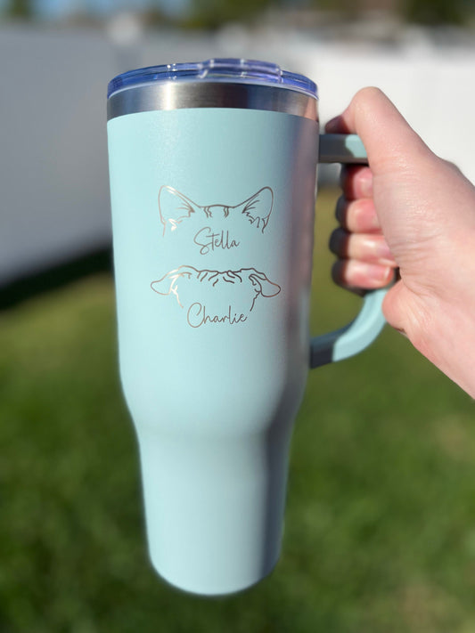 Personalized Cat and Dog Mom Tumbler, Custom Cat Dog Lover Gift, New Kitty Puppy Owner Present, Dog Cat Ear Cup, Pet Lover, 40 oz tumbler
