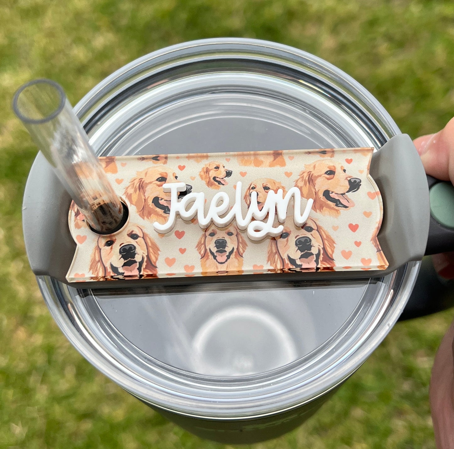 Personalized Golden Retriever Tumbler Name Topper, Custom Plate Tag, Dog Mom Gift, New Puppy Present, 20oz 30oz 40oz, Stanley Lid, Dog Lover
