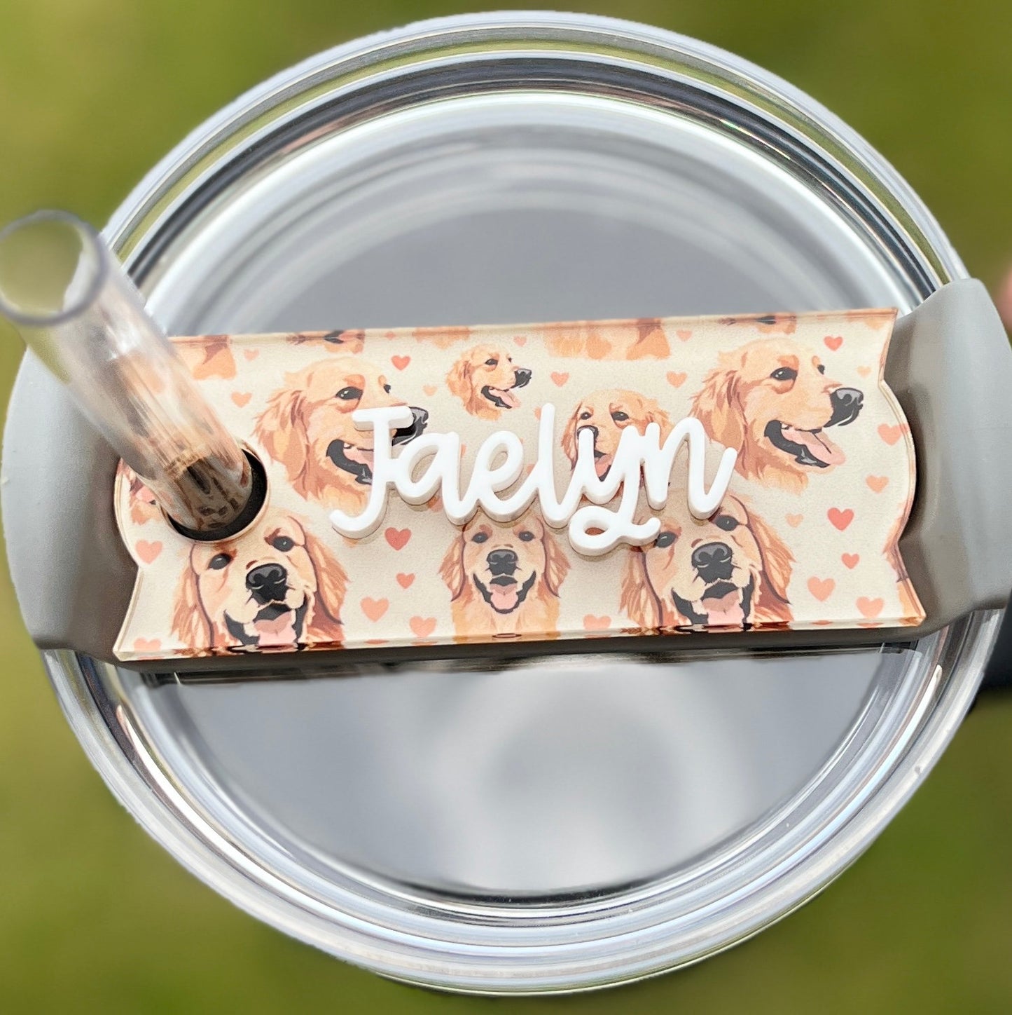 Personalized Golden Retriever Tumbler Name Topper, Custom Plate Tag, Dog Mom Gift, New Puppy Present, 20oz 30oz 40oz, Stanley Lid, Dog Lover