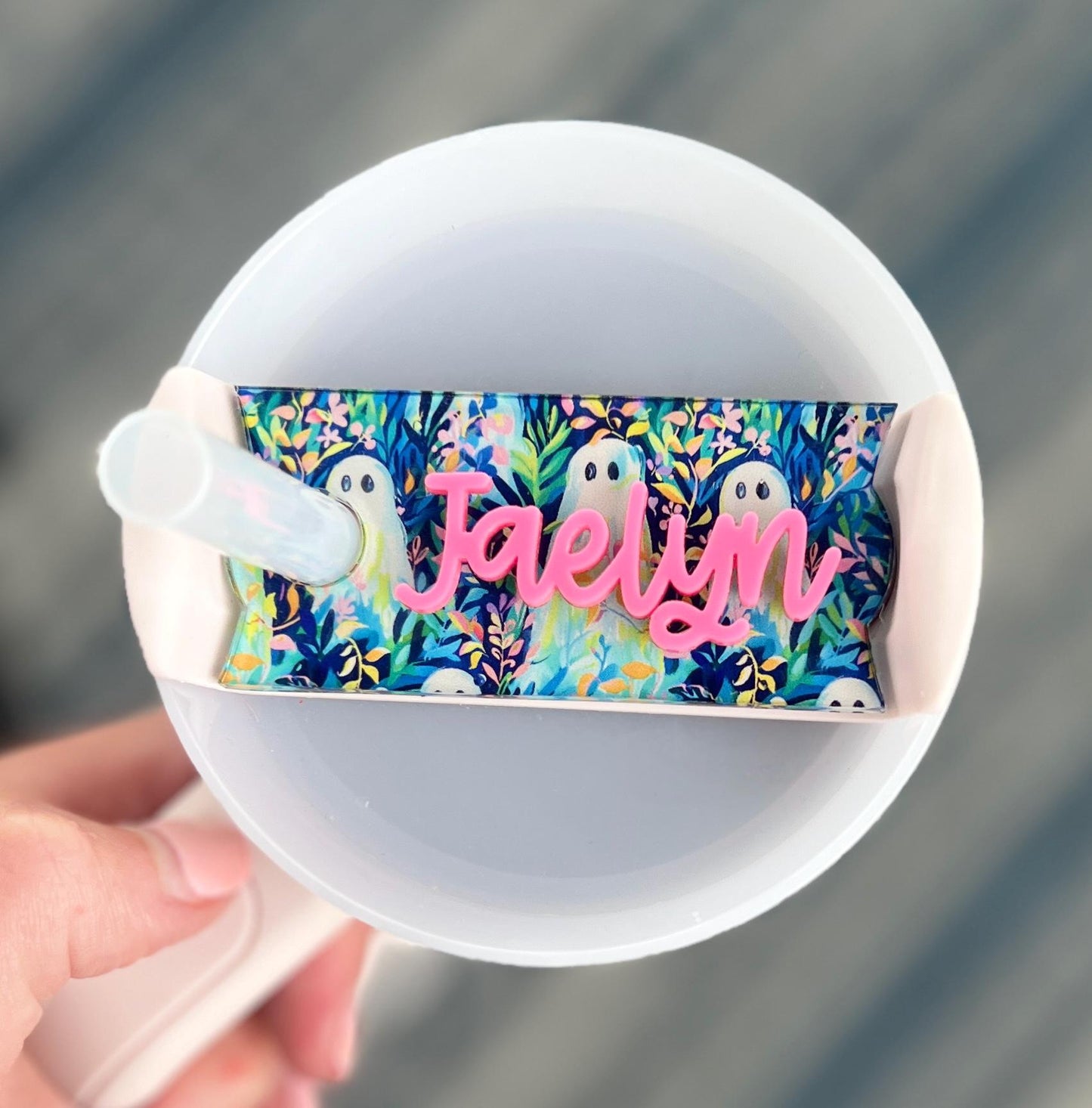Personalized Preppy Ghost Tumbler Name Topper 20oz 30oz 40oz, Custom Plate Tag, Halloween Present, Trendy Gift for Spooky Season