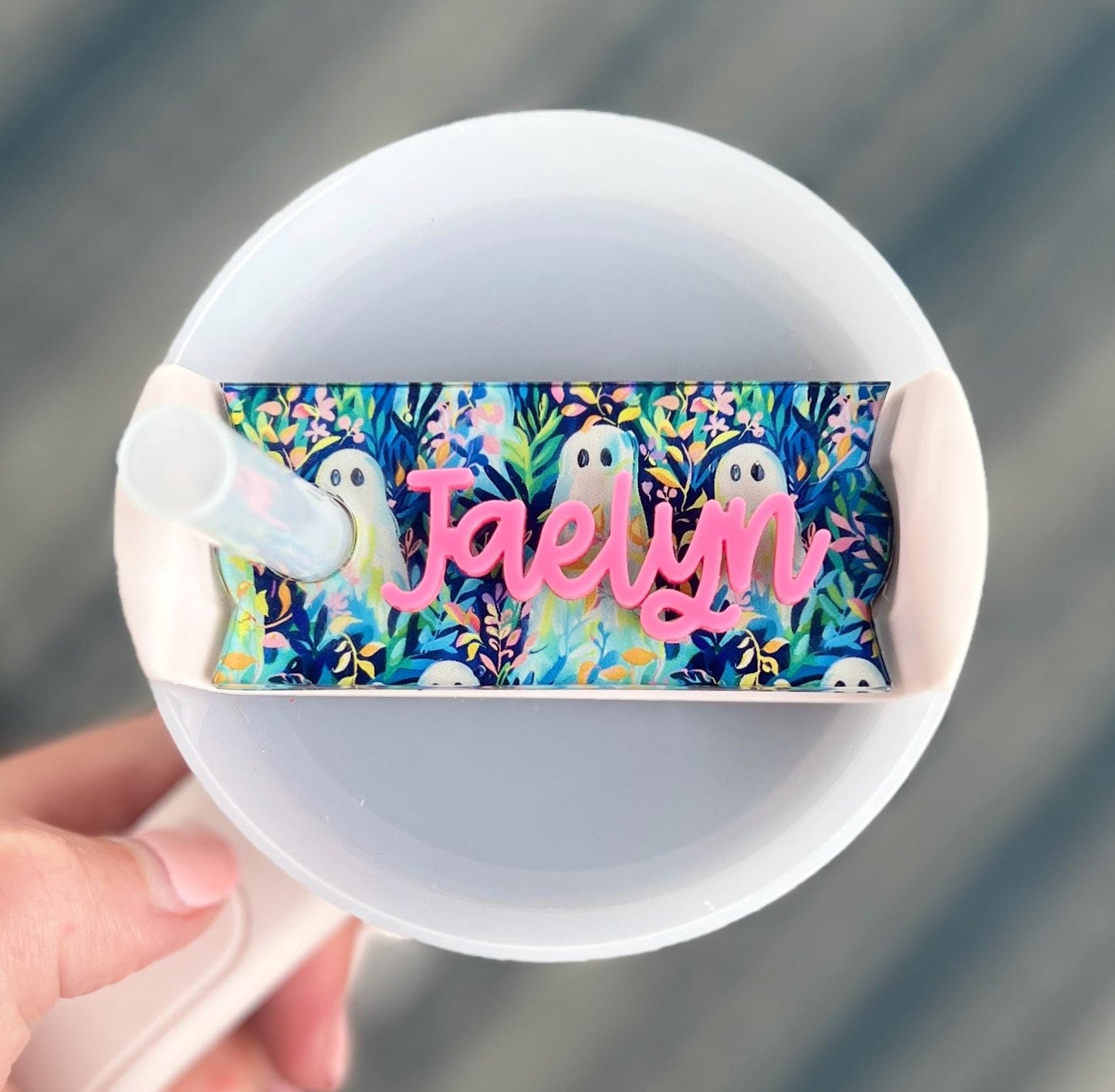 Personalized Preppy Ghost Tumbler Name Topper 20oz 30oz 40oz, Custom Plate Tag, Halloween Present, Trendy Gift for Spooky Season