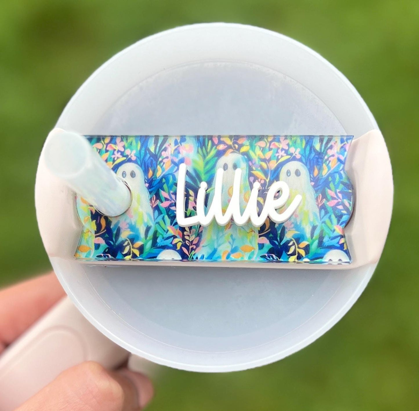 Personalized Preppy Ghost Tumbler Name Topper 20oz 30oz 40oz, Custom Plate Tag, Halloween Present, Trendy Gift for Spooky Season