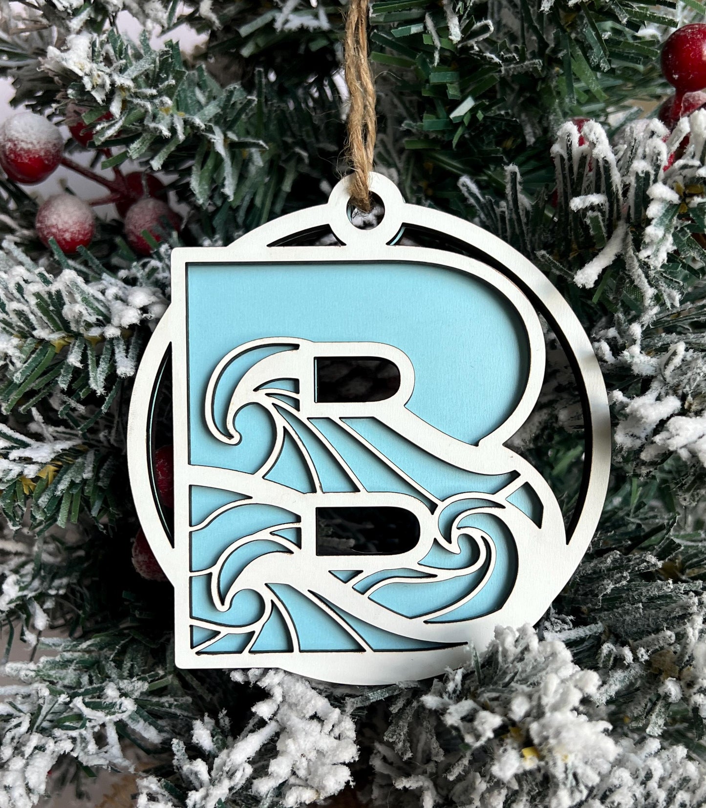 Monogram Wave Christmas Ornament, Beach Lover Gift, Florida Beach Present, Xmas Gift, Florida Vacation Keepsake, Family Monogram