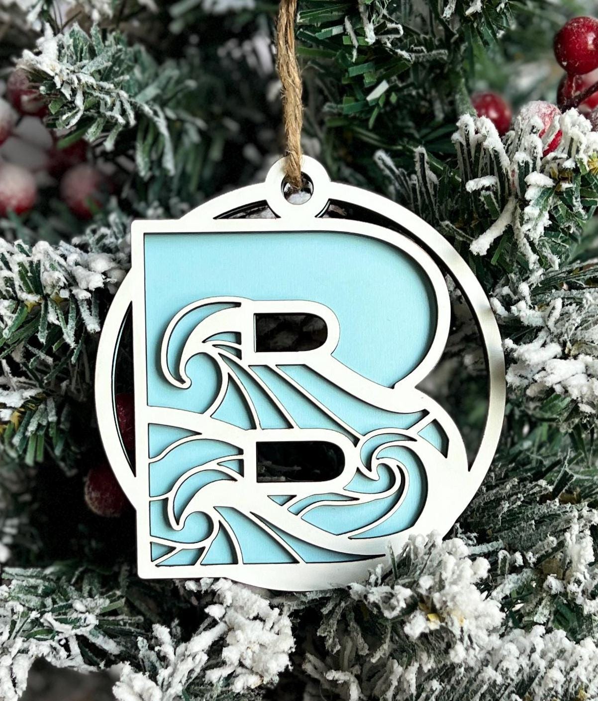 Monogram Wave Christmas Ornament, Beach Lover Gift, Florida Beach Present, Xmas Gift, Florida Vacation Keepsake, Family Monogram