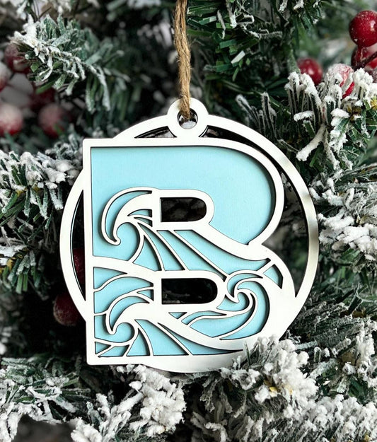 Monogram Wave Christmas Ornament, Beach Lover Gift, Florida Beach Present, Xmas Gift, Florida Vacation Keepsake, Family Monogram