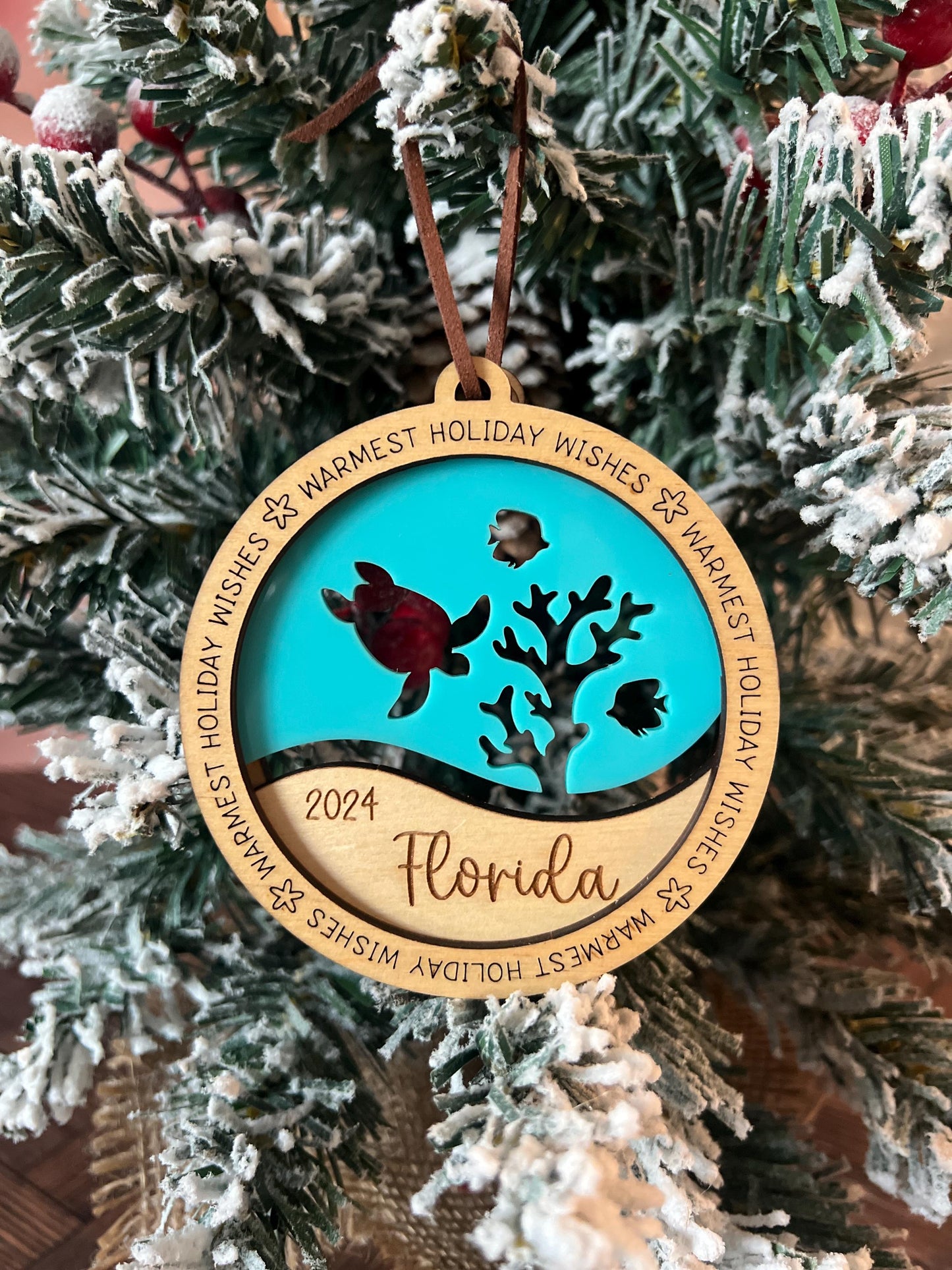 Personalized Beach Christmas Ornament, Fish Scuba Diver Sea Turtles Dolphin, Beach Vacation Keepsake, Ocean Life Gift, Coral Reef, Palm Tree