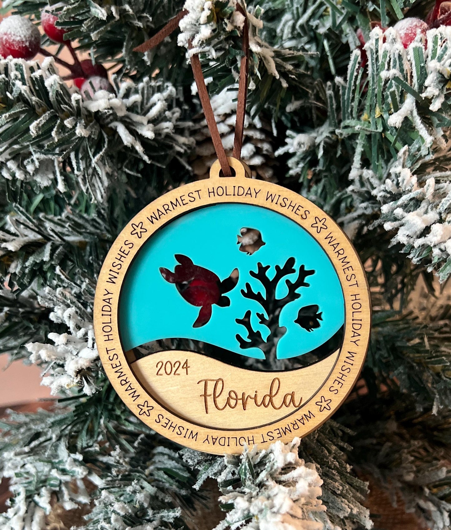 Personalized Beach Christmas Ornament, Fish Scuba Diver Sea Turtles Dolphin, Beach Vacation Keepsake, Ocean Life Gift, Coral Reef, Palm Tree