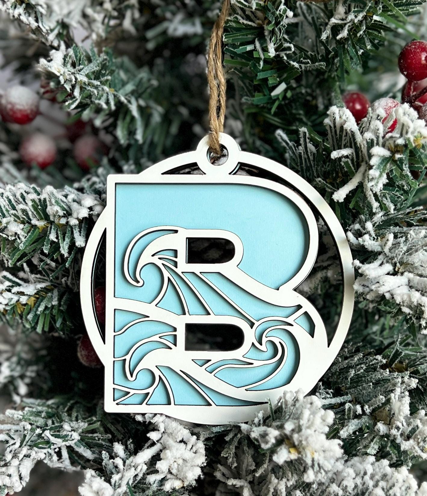 Monogram Wave Christmas Ornament, Beach Lover Gift, Florida Beach Present, Xmas Gift, Florida Vacation Keepsake, Family Monogram